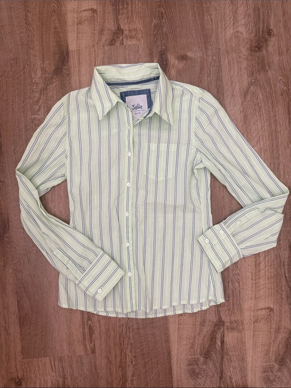 Justice Girls' Light Green and Blue Striped Button-Up Shirt, Size Medium (12)